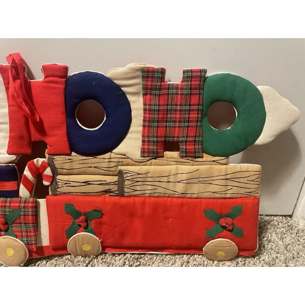 VTG Christmas Train Ho Ho Ho Wall Decor Handmade Fabric Holiday
